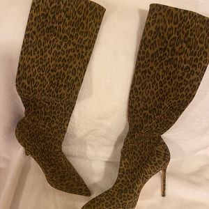 MANOLO BLAHNIK SUEDE TALL LEOPARD PRINT BOOTS